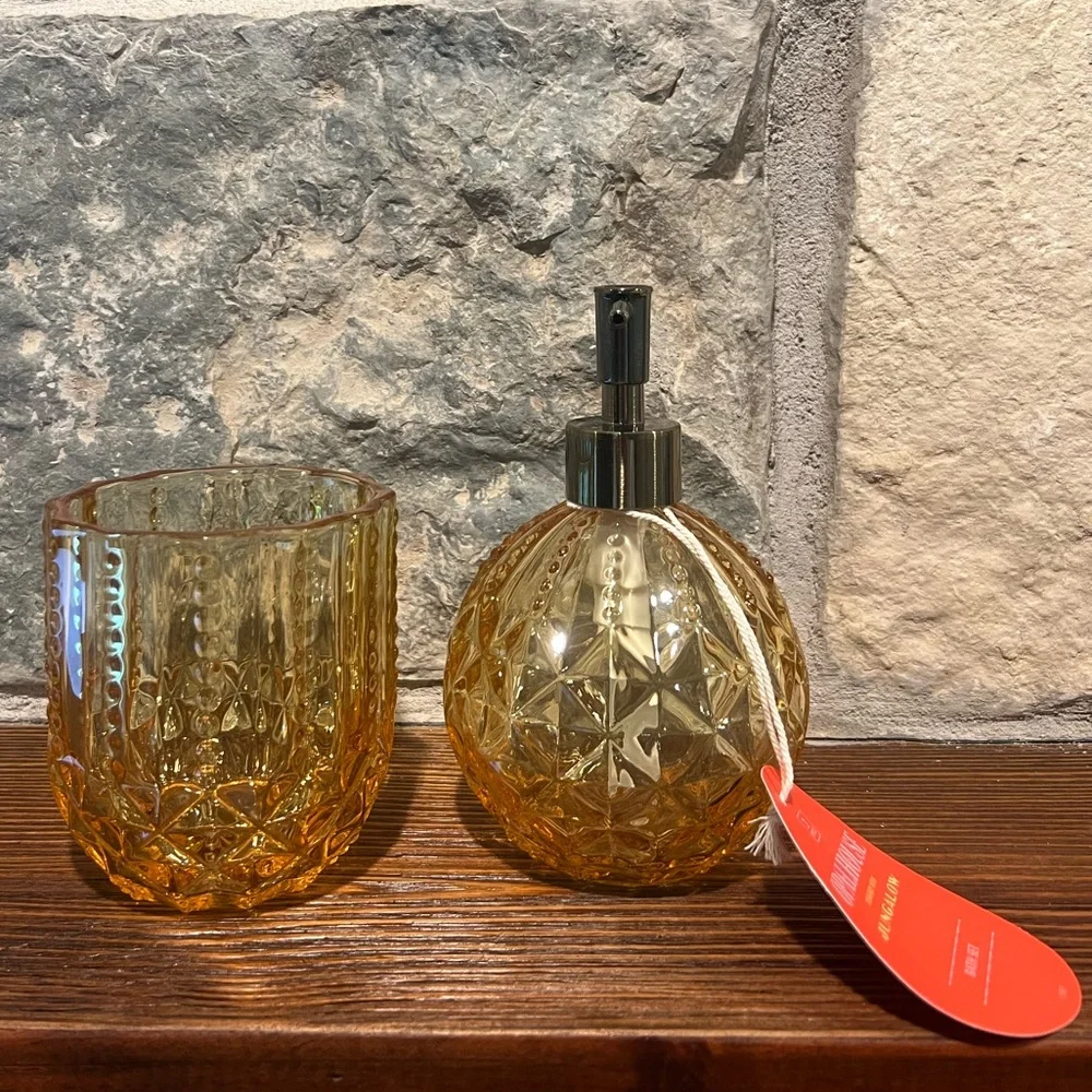 Opalhouse 2 Piece Round Soap Pump & Tumbler Set Yellow Designed by Jungalow NWT
